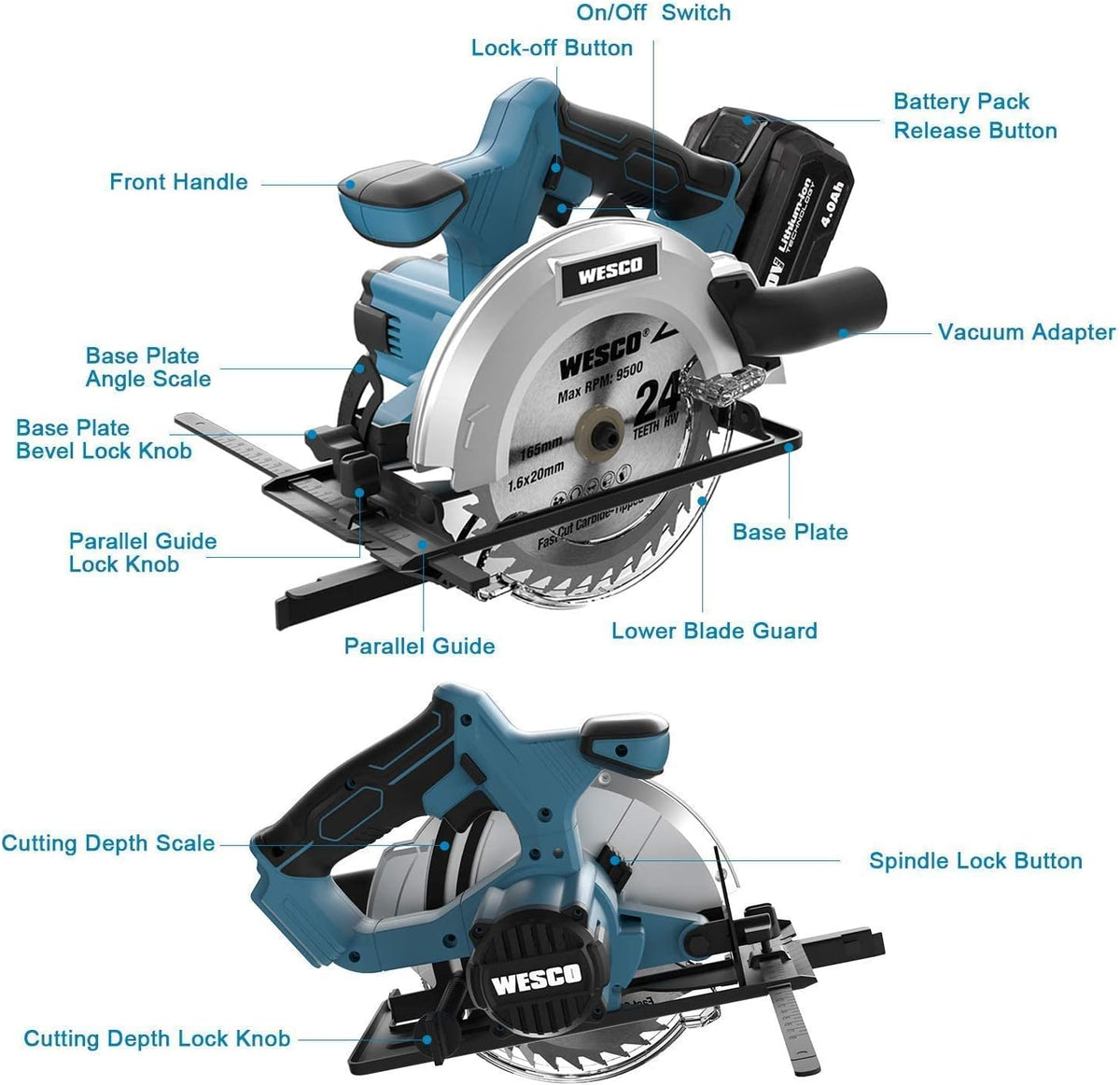 20V 4.0Ah Cordless Circular Saw, 6-1/2", 4000RPM, 0-45° Bevel, with Charger, Vacuum Adaptor, Parallel Guide, Wood Cutting Blades (24T / 40T), Pack of 2 P15917
