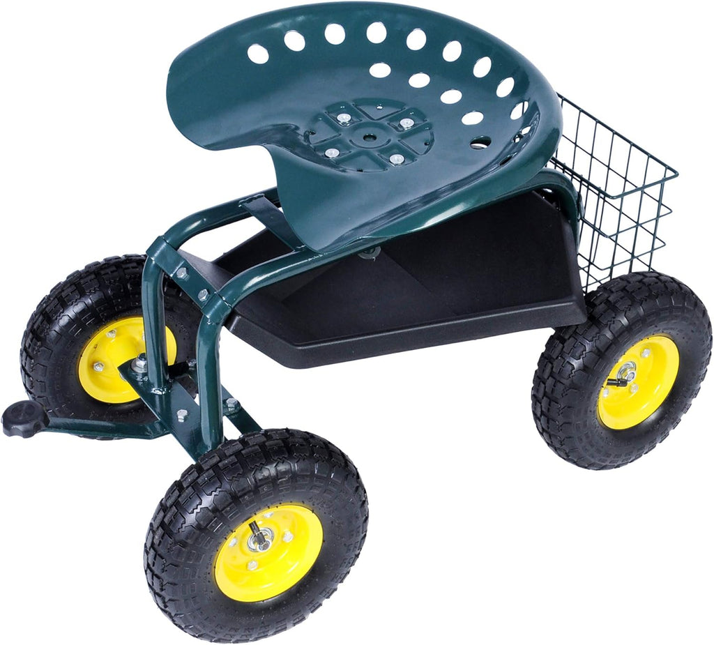Green Steerable Garden Stool Cart with Tool Tray and Storage Basket on Wheels Y2011