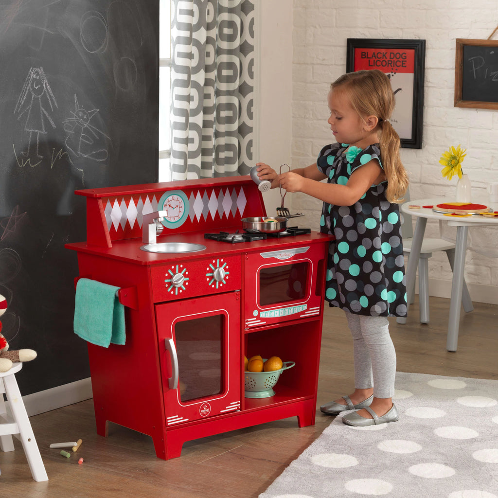 Red Wooden Pretend Play Cooking Kitchenette Toy Set O2601