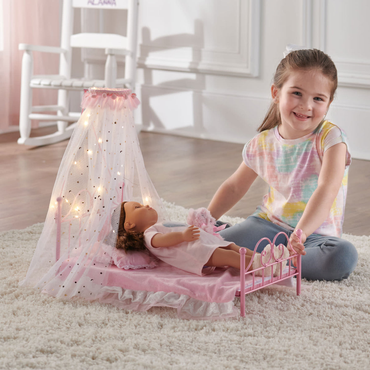 Pink Metal Doll Bed with Canopy and Bedding B73746