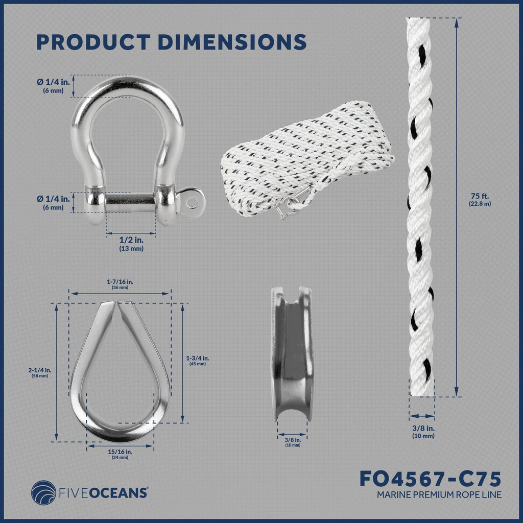 3/8 inch x 75 ft 3-Strand White Nylon Anchor Rope with Stainless Steel Thimble and Schakle C611468
