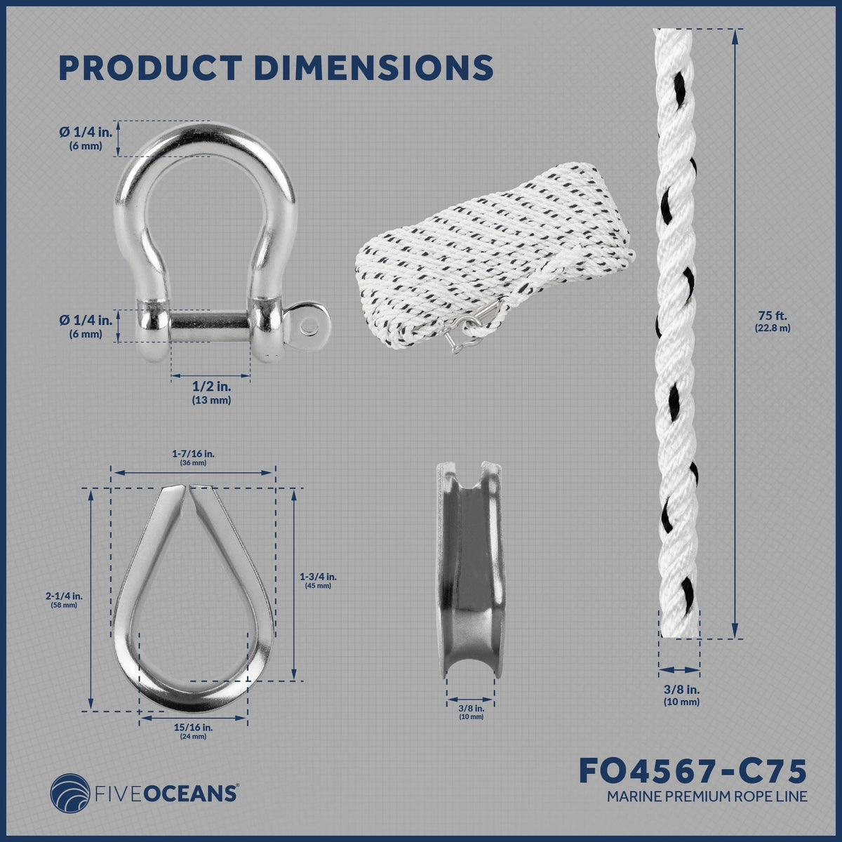3/8 inch x 75 ft 3-Strand White Nylon Anchor Rope with Stainless Steel Thimble and Schakle C611468