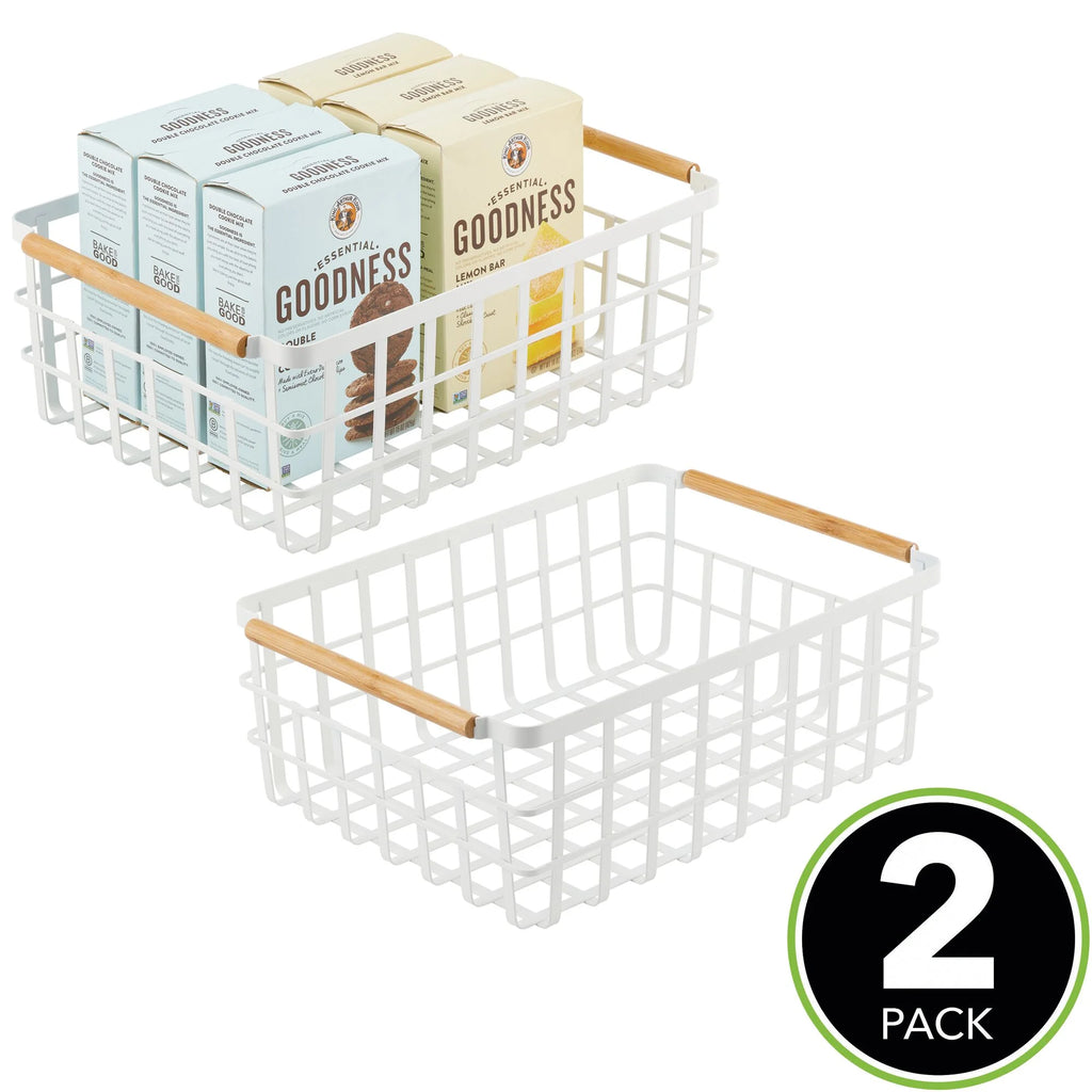 Matte White/Natural Metal Wire Organizer Basket with Bamboo Handles, 2 Pack G732