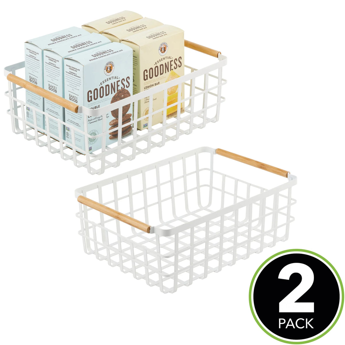 Matte White/Natural Metal Wire Organizer Basket with Bamboo Handles, 2 Pack G732