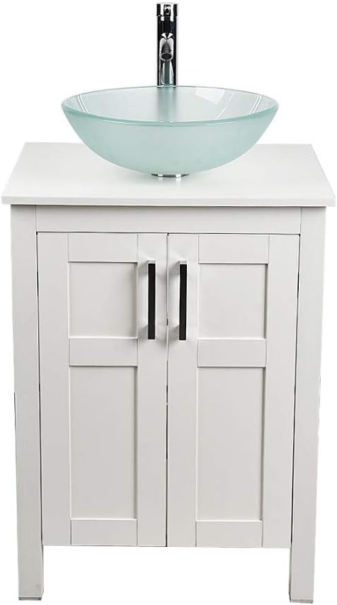 White 24 Inches Traditional Bathroom Vanity Set with Ocean Blue Glass Round Sink Top and 2-Door Cabinet P6170