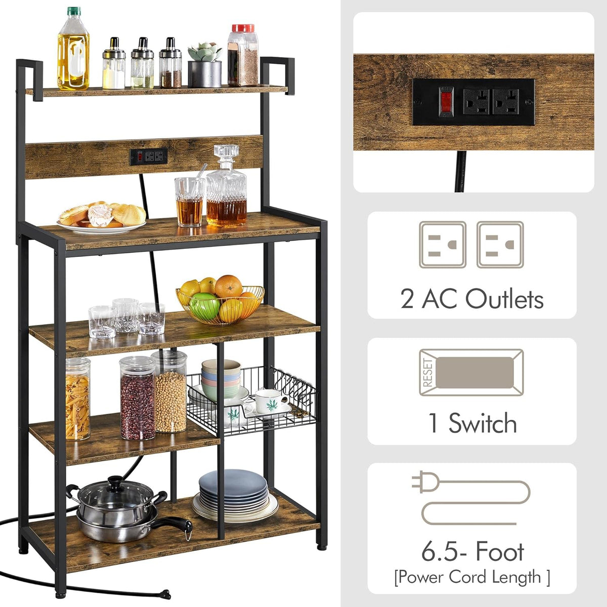 Rustic Brown 5-Tier Bakers Rack with Power Outlet O74112
