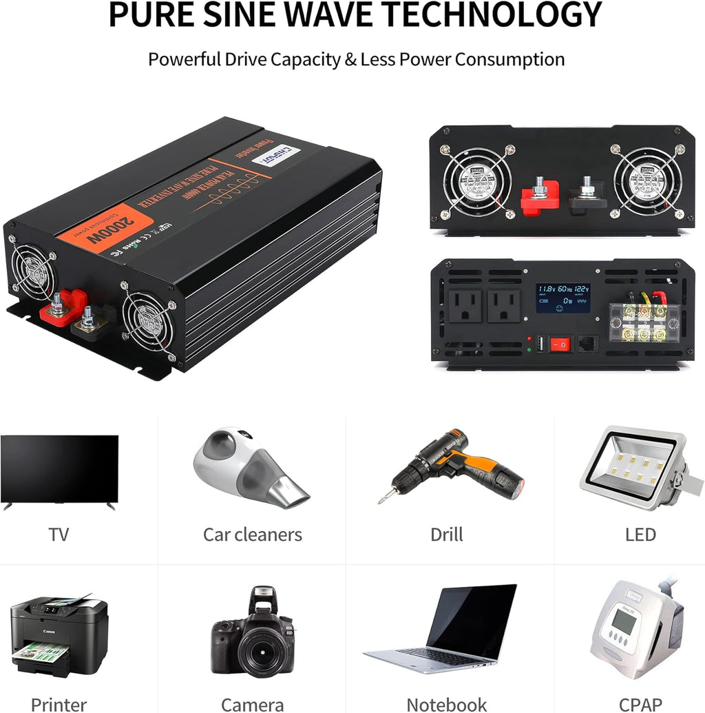 2000W Pure Sine Wave Power Inverter DC 12V to AC 120V with LCD Display Remote Control USB Port R3370