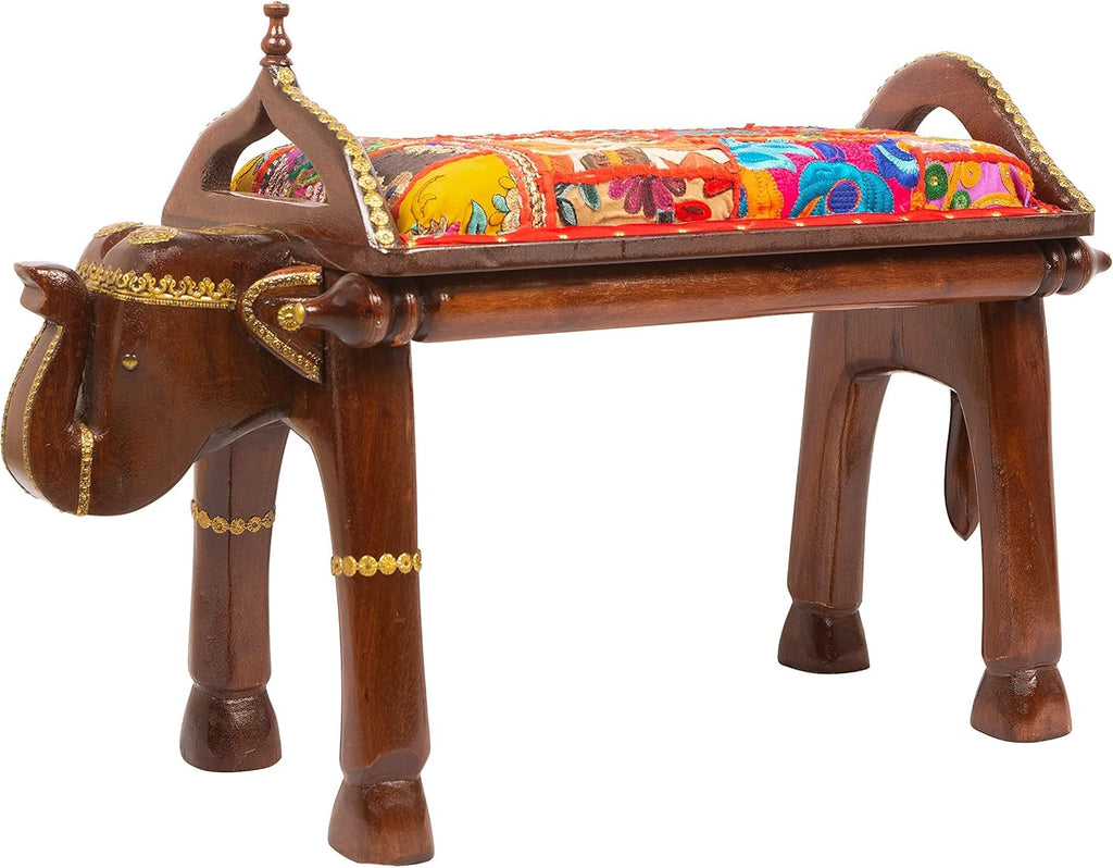Hand Carved Wooden Elephant Side Table with Brass Accents H3906