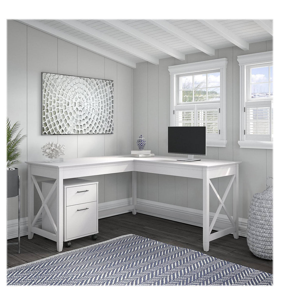60W L Shaped Desk with 2 Drawer Mobile File Cabinet, Pure White Oak E9565