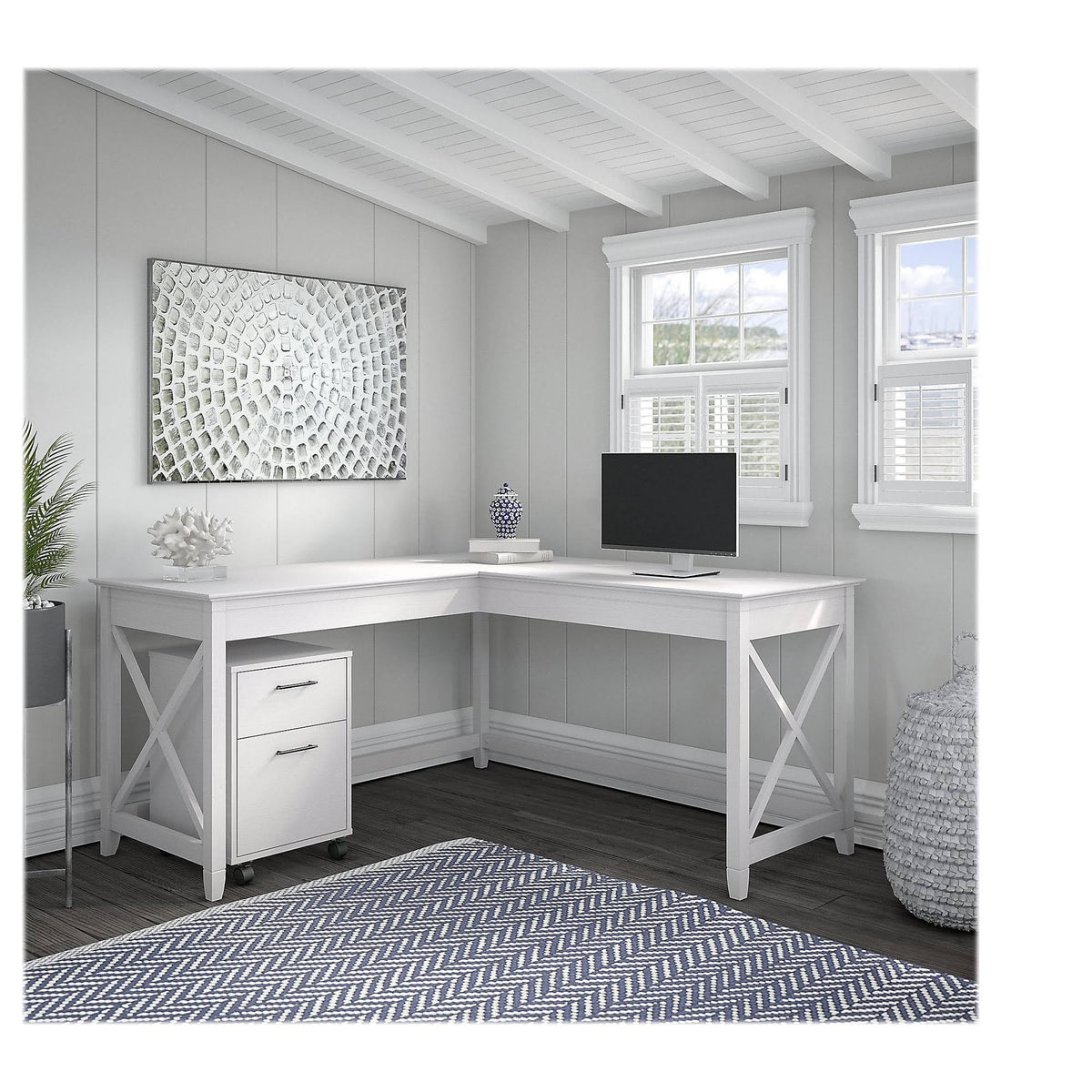 60W L Shaped Desk with 2 Drawer Mobile File Cabinet, Pure White Oak E9565