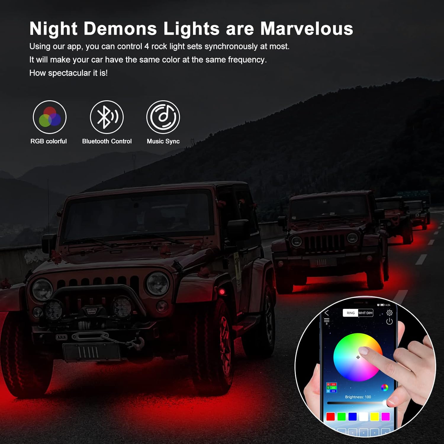 RGB LED Rock Lights 4 Pods Car Neon Underglow Kit Wheel Well Light Multicolor Waterproof Pack of 2 T84414