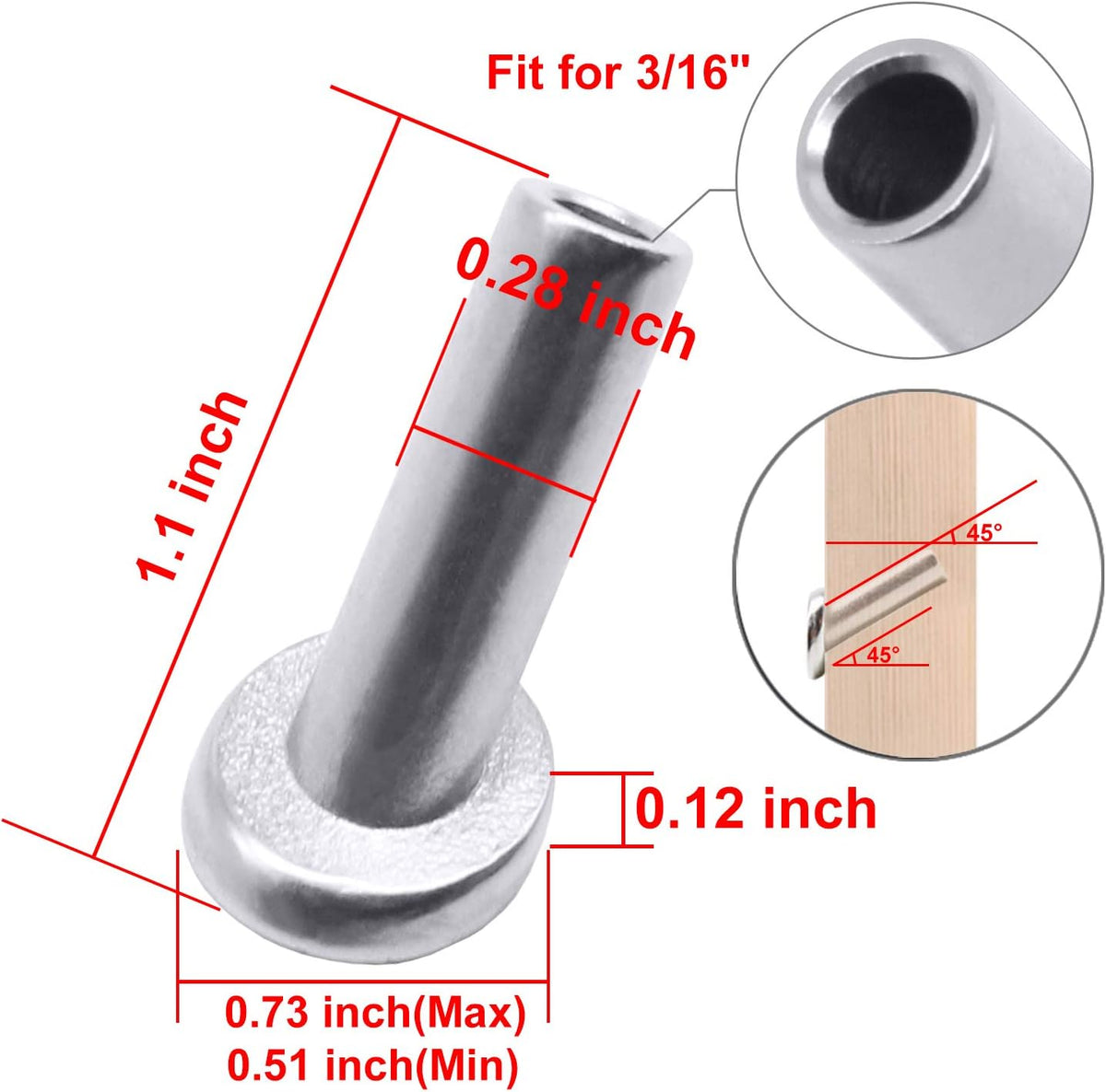 40 Pack 45 Degree T316 Marine Grade Stainless Steel Angle Beveled Protector Sleeves Wood Post Protector for 1/8", 5/32", 3/16" Wire Rope Cable Railing B44457