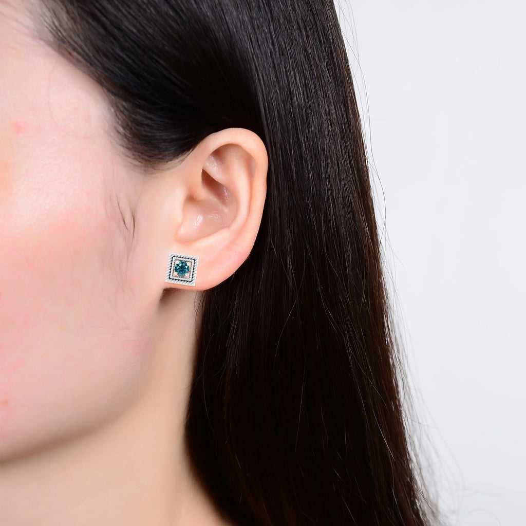 Sterling Silver Stud Earrings with Natural Blue Diamond O582069