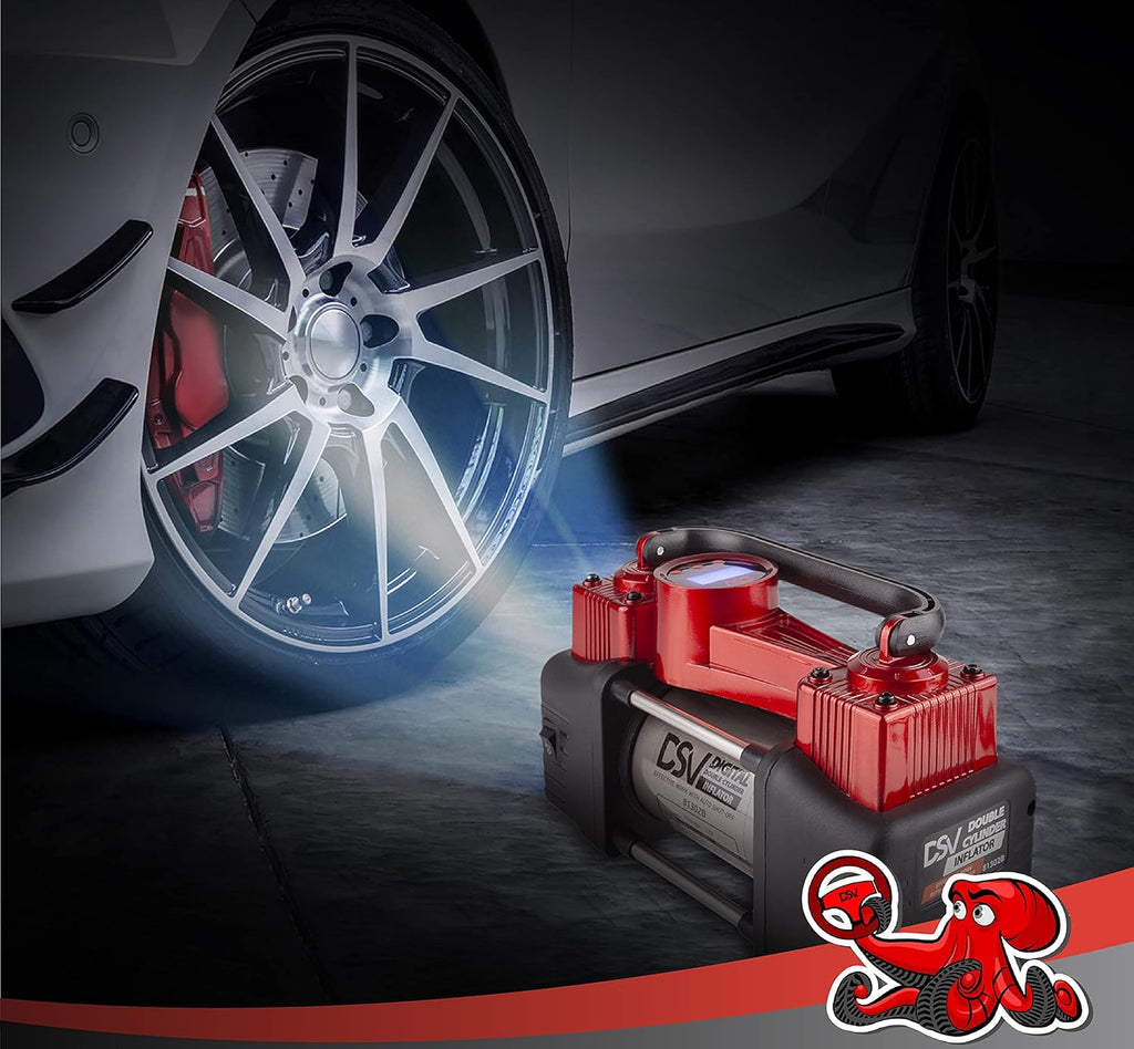 Portable Heavy Duty Double Cylinder Car Air Compressor Digital Tire Inflator, 12V 150PSI Air Pump with Auto Shut Off, LED Light, Extension Hose J260