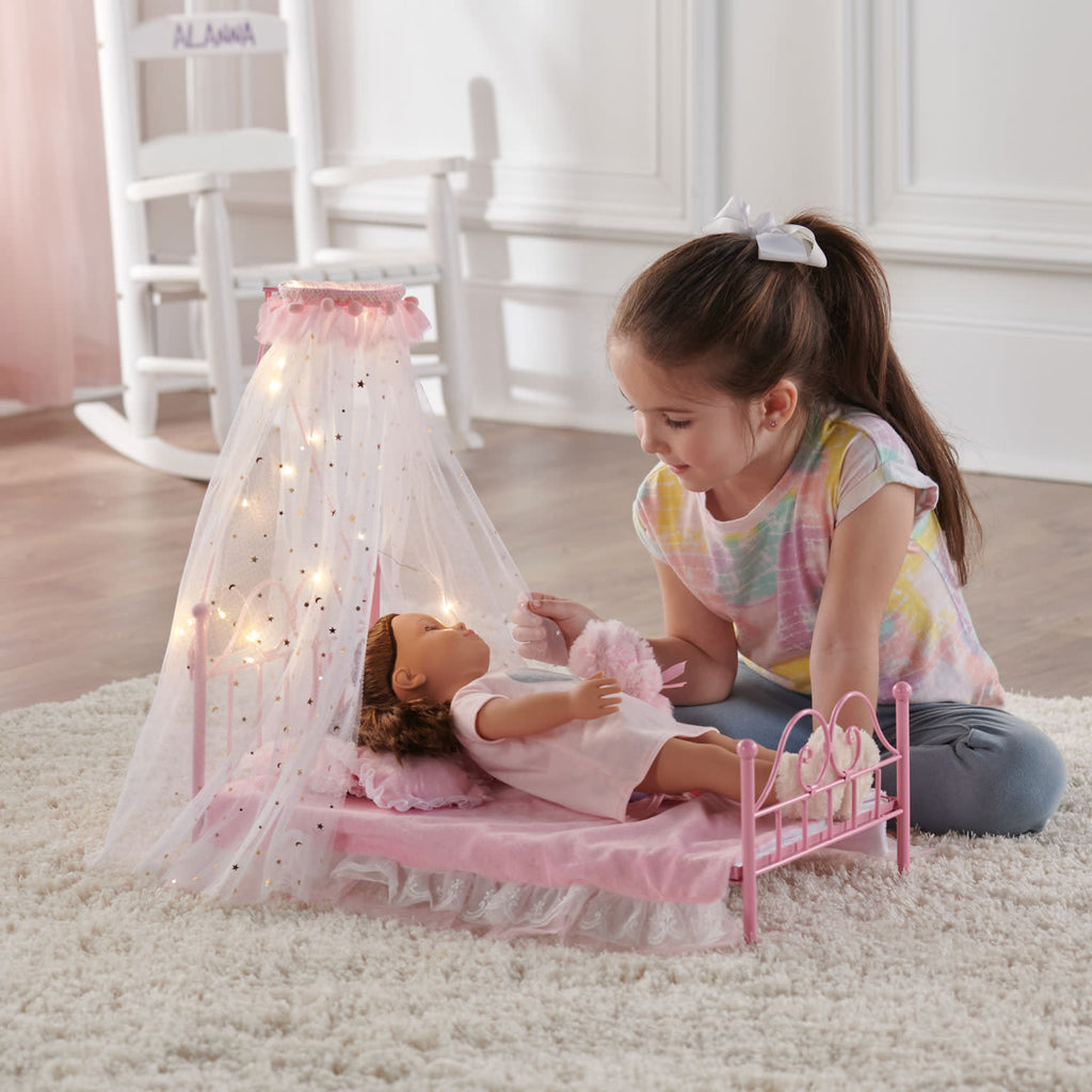 Pink Metal Doll Bed with Canopy and Bedding B73746