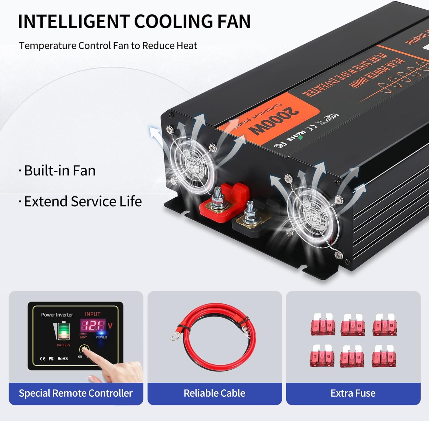 2000W Pure Sine Wave Power Inverter DC 12V to AC 120V with LCD Display Remote Control USB Port R3370