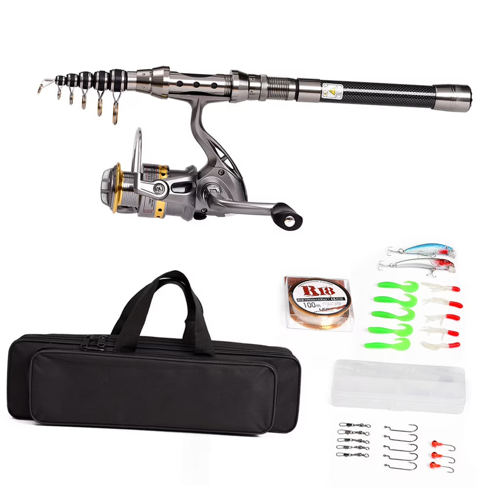 Telescopic Fishing Rod and Reel Combo Full Kit with 100M Fishing Line Lures Hooks Jig Head and Carrier Bag Case C452