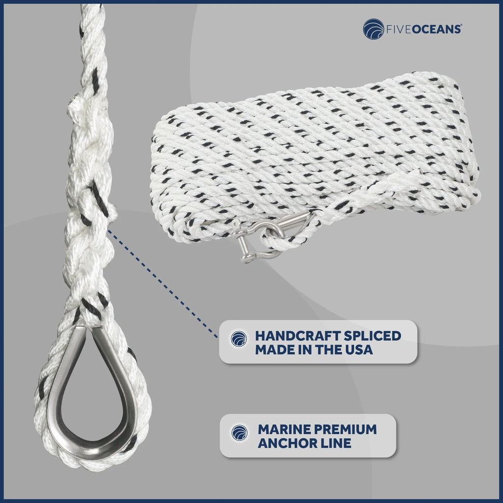 3/8 inch x 75 ft 3-Strand White Nylon Anchor Rope with Stainless Steel Thimble and Schakle C611468
