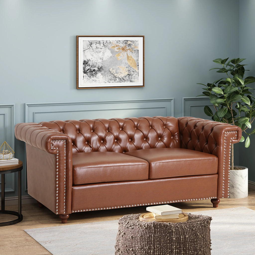 Cognac Brown Upholstered Button Tufted Loveseat with Nailhead Trim S8986