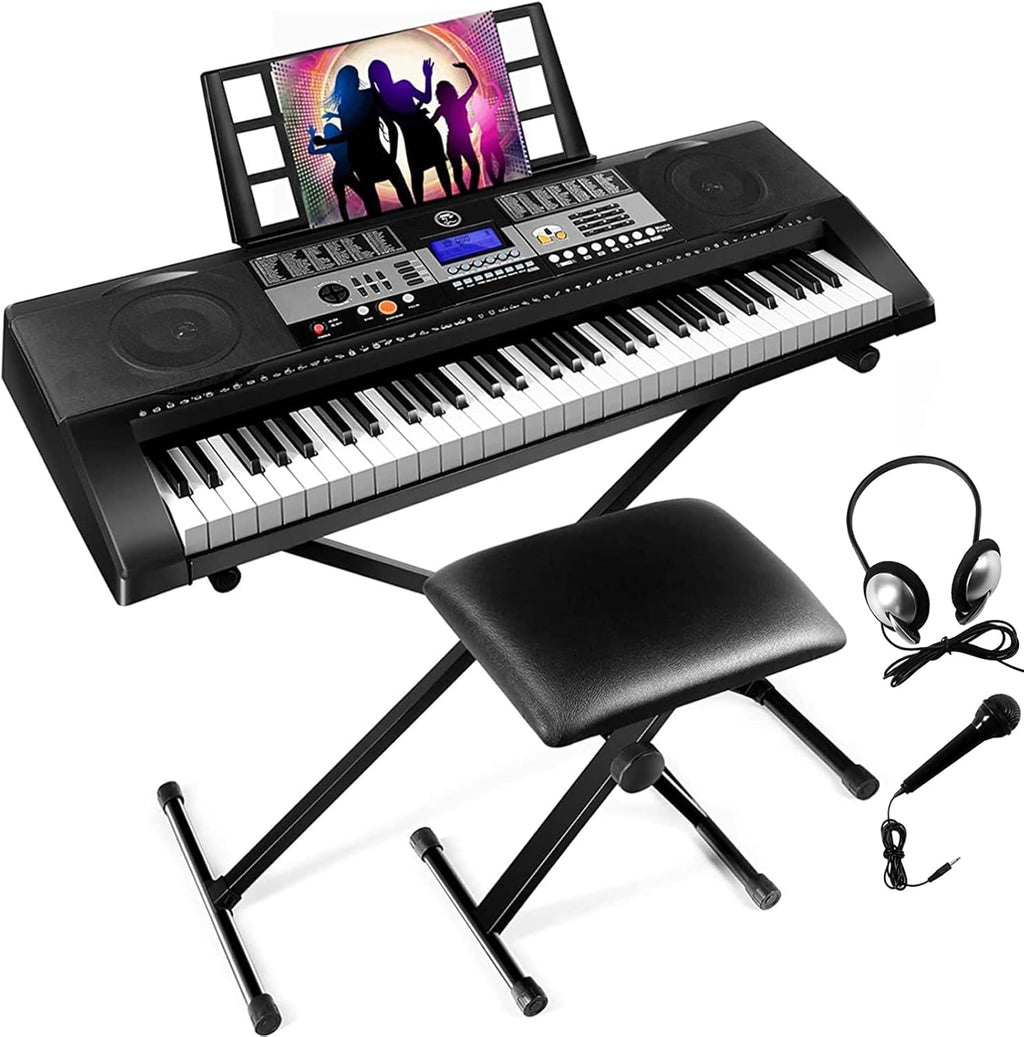 61 Key Portable Electric Keyboard Piano with Stand, Stool, Headphones, Microphone, LCD Screen B4254
