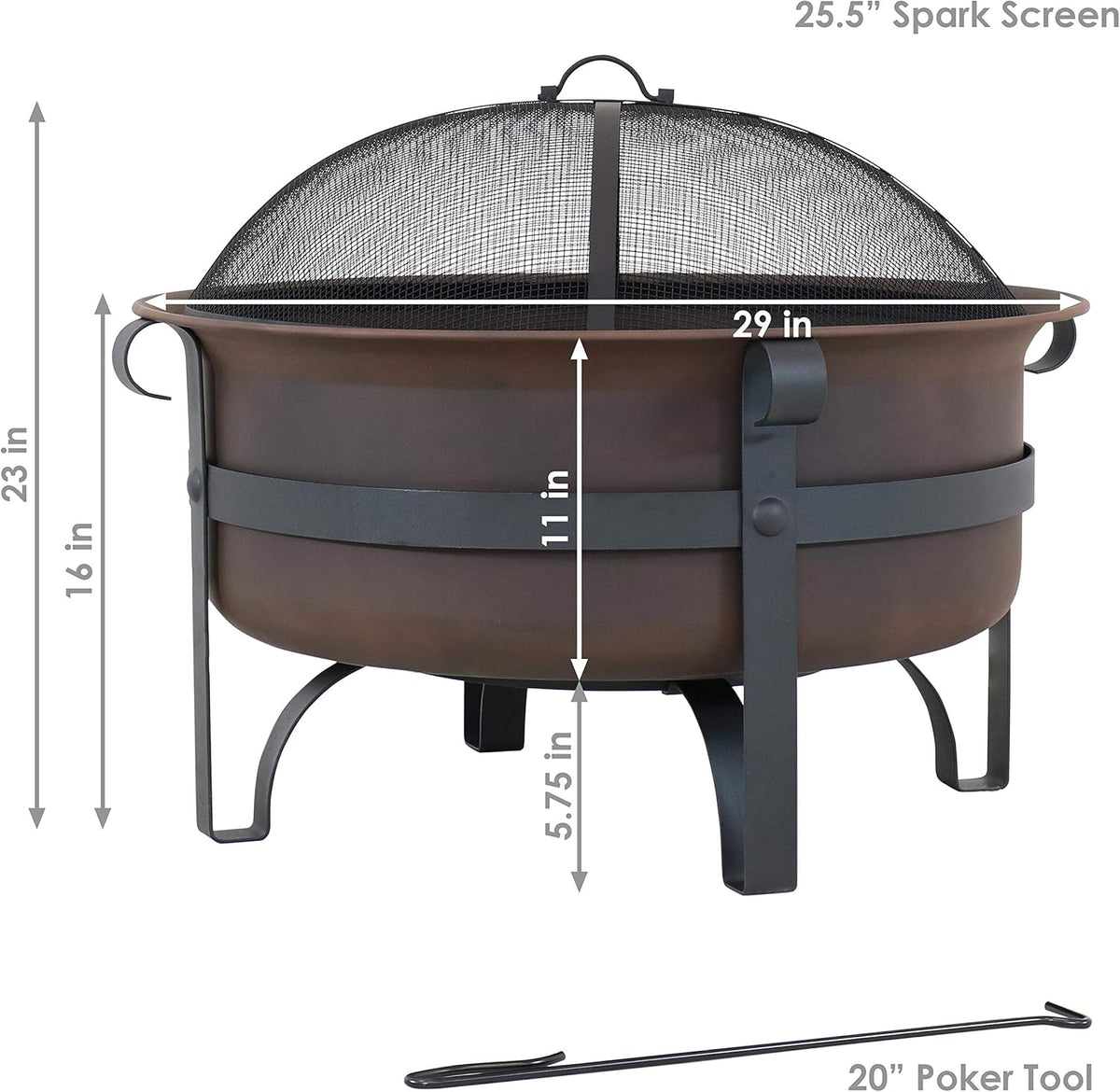Bronze Cauldron Outdoor Fire Pit Bowl with Poker and Spark Screen - 29 Inch L86007
